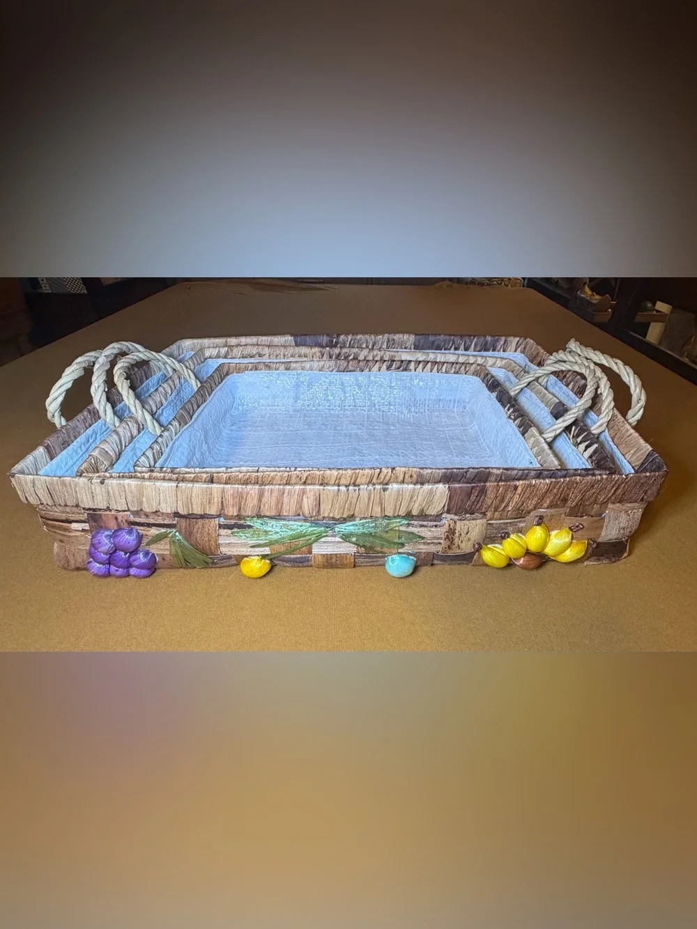 Vtg 70s Raffia Fruit Casserole Baskets Set of 3 Philippines Boho